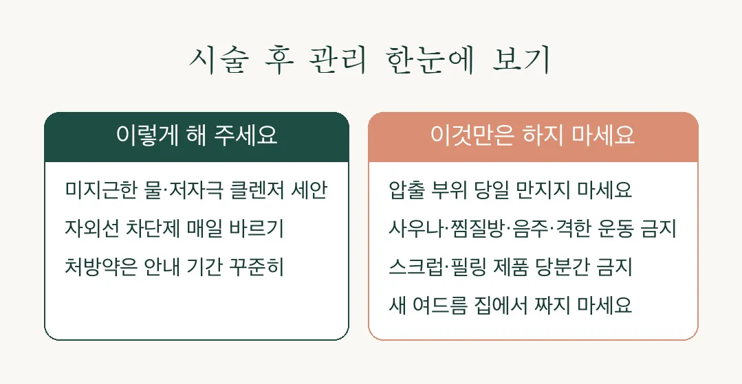 여드름 관리·압출·염증주사 후 관리 인포그래픽 — 해야 할 것과 피해야 할 것