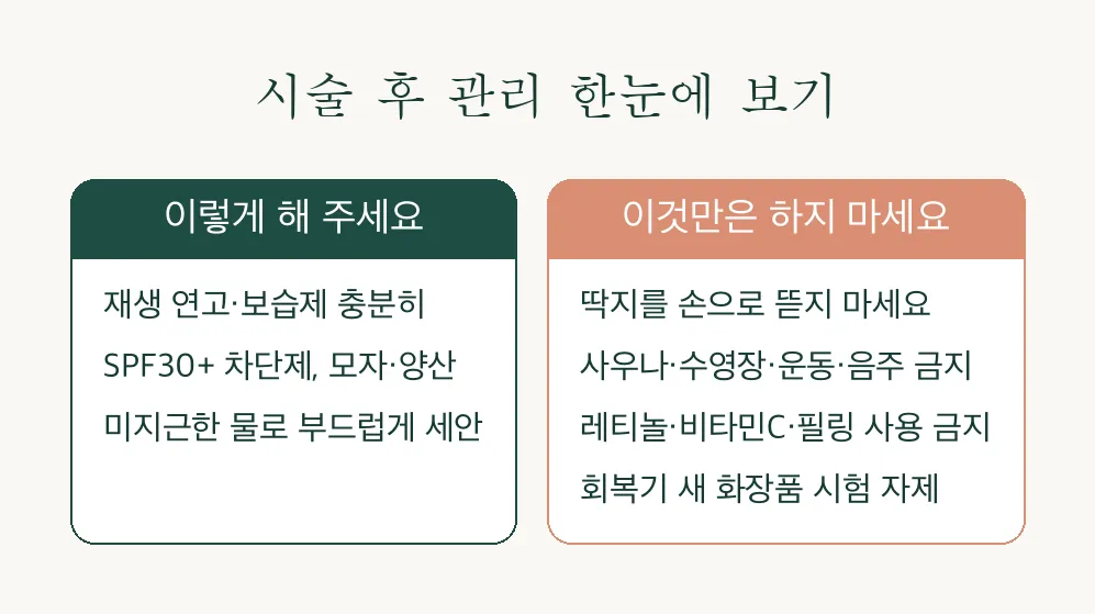CO2 프락셀 후 관리 인포그래픽 — 해야 할 것과 피해야 할 것