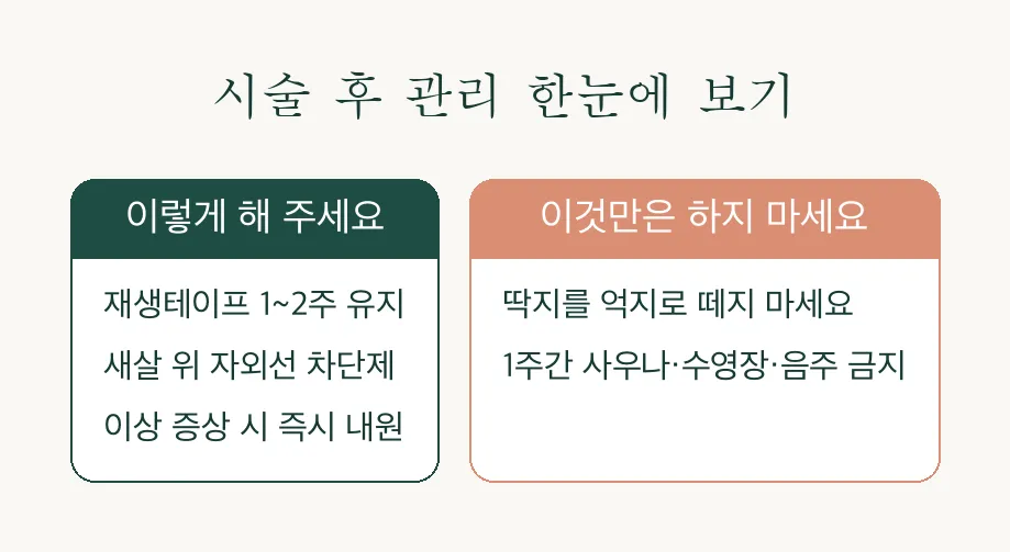 점·쥐젖·비립종 제거 후 관리 인포그래픽 — 해야 할 것과 피해야 할 것
